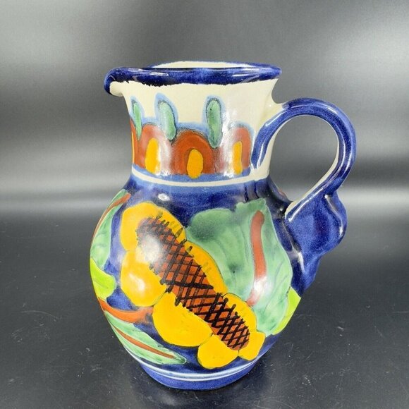 Mexico Art Pottery Talavera Pitcher Carafe Multicolor Frutal Decor Hand Made VTG - Picture 15 of 16